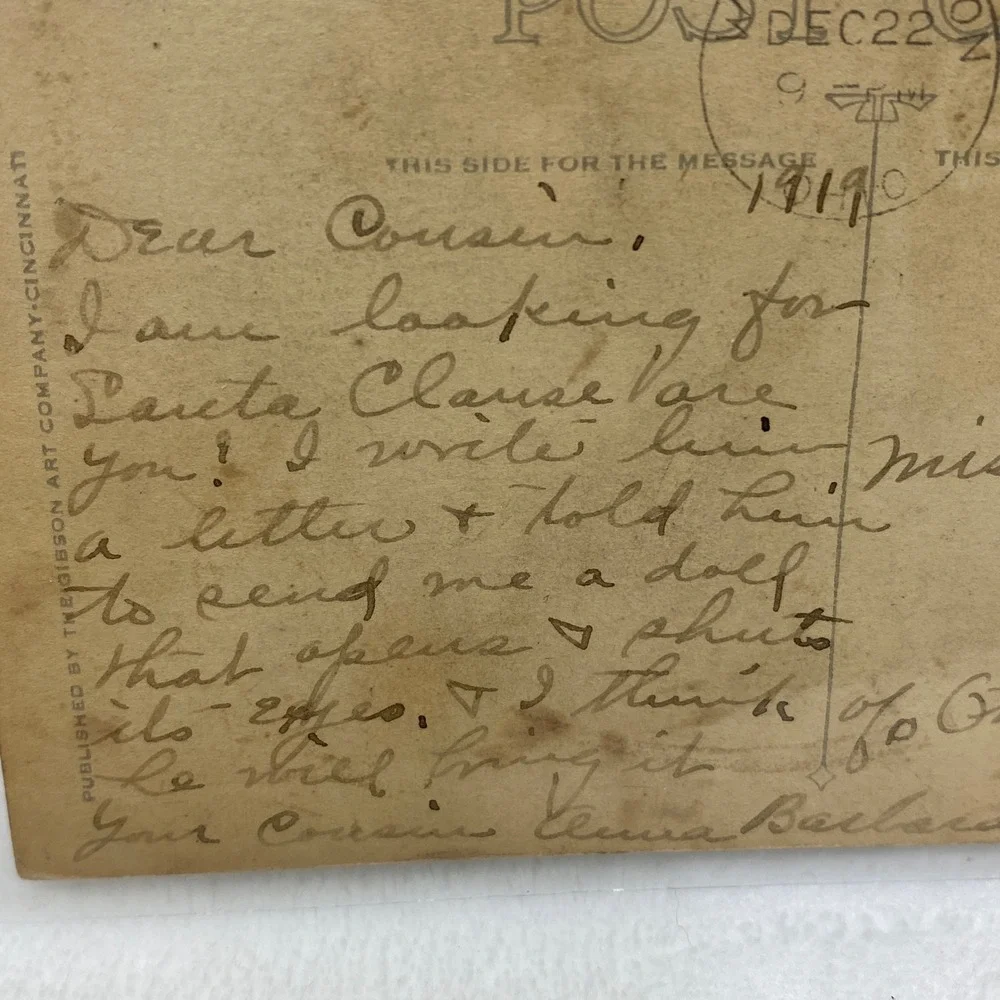 1919 Antique Postcard‎ Christmas Greeting Dear Cousin Ruth  Protective Sleeve